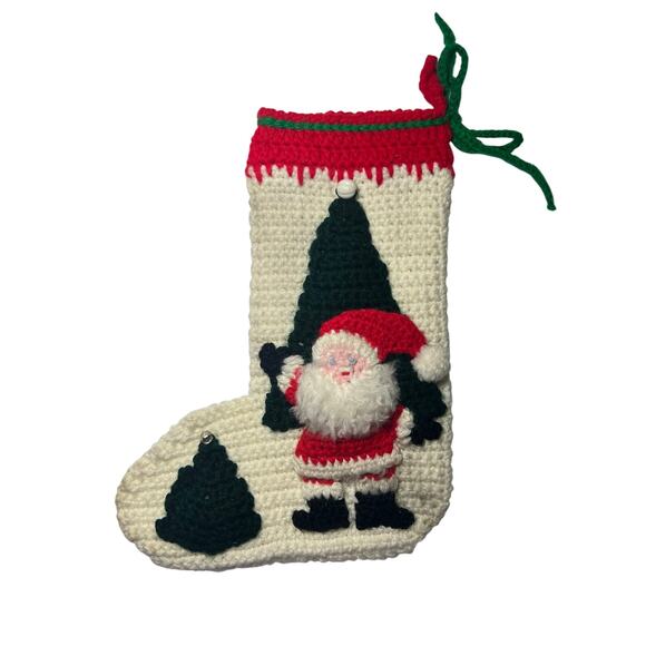 Vintage Retro Crochet Christmas Stocking Santa Fuzzy Beard Handmade 12 Inches - Picture 1 of 7